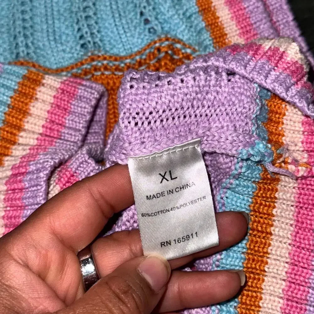 Grace & Karma Short Sleeve Sweater Women's XL Multicolor Striped Crochet Knitted